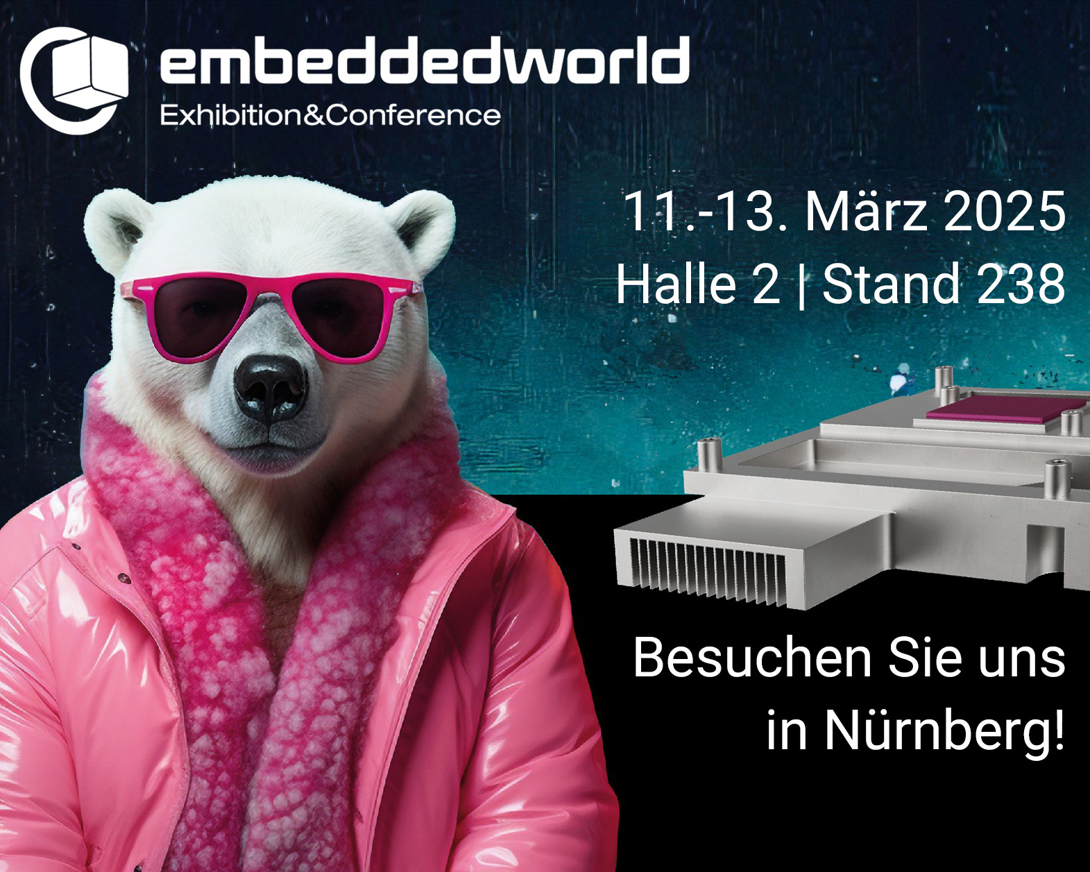 Das Bild bewirbt die Embedded World Messe 2025 in Nürnberg und zeigt einen Bären in einer auffälligen Kleidung und Sonnenbrille.